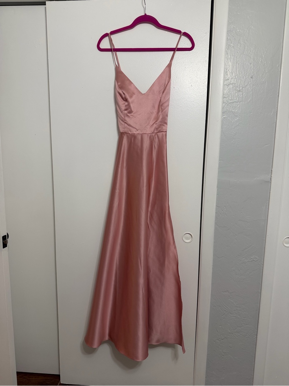 David's Bridal Dusty Rose Satin V-Neck Spaghetti Strap Gown
